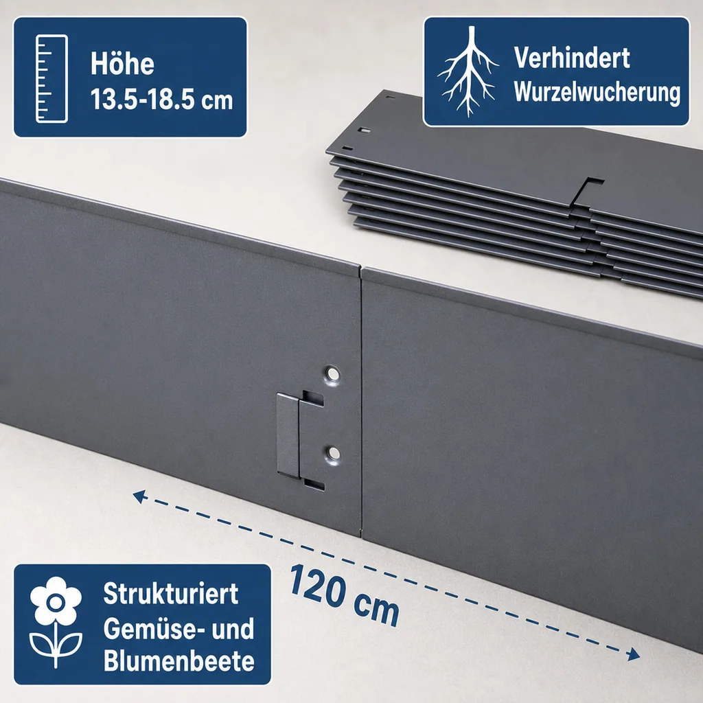 Rasenkanten Metall Höhe 13.5-18.5 cm Länge 120 cm  | Beeteinfassung | Beetumrandung | Beetbegrenzungen, Farbe: Grau; Größe: 10 Stück 18.5cm