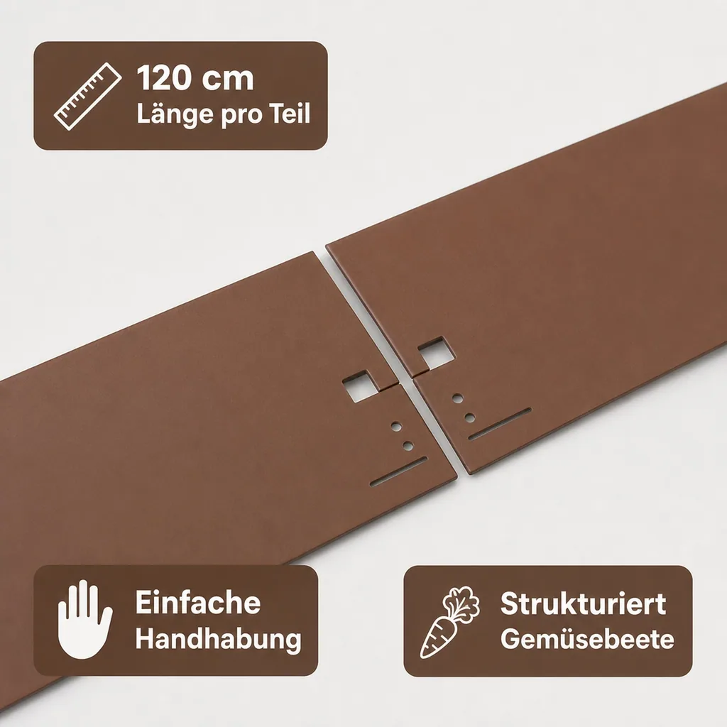Rasenkanten Metall Höhe 13.5-18.5 cm Länge 120 cm  | Beeteinfassung | Beetumrandung | Beetbegrenzungen, Farbe: Braun; Größe: 10 Stück 13.5cm