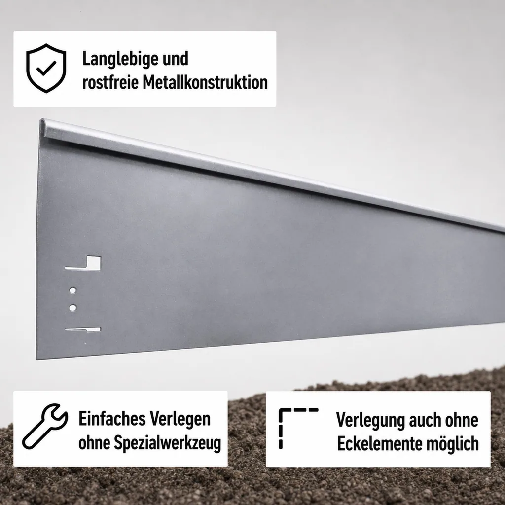 Rasenkanten Metall Höhe 13.5-18.5 cm Länge 120 cm  | Beeteinfassung | Beetumrandung | Beetbegrenzungen, Farbe: Verzinkt; Größe: 1 Stück 18.5cm