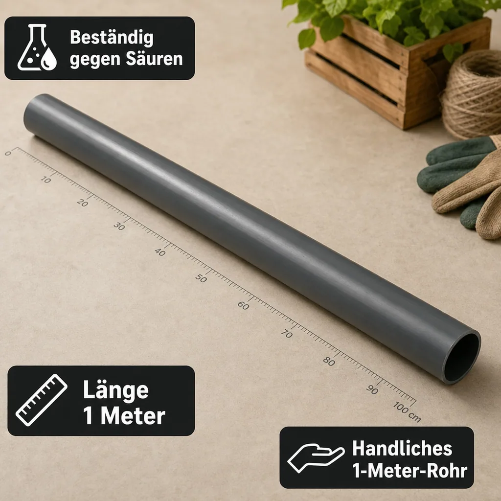 PVC Druckrohr 25mm, 1m, 16 bar, PVC-U Druckleitung, grau