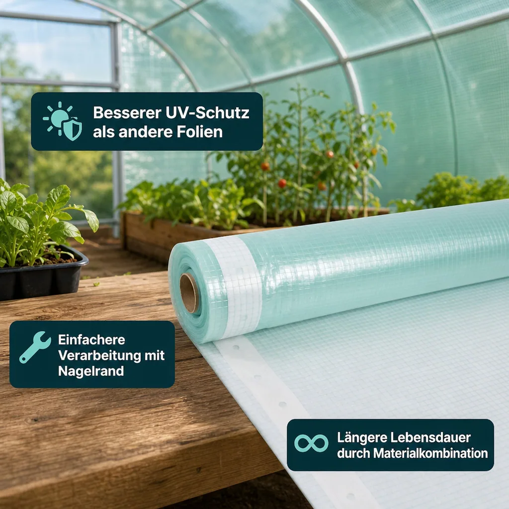 Gitterfolie, Gewächshausfolie, Gartenfolie, 3 Breite x 14 Meter, Nagelrand