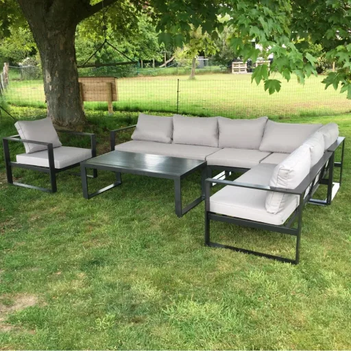 Lounge Set, Gartenlounge, 6-teilig, Alurahmen Anthrazit, hellgraue Polster