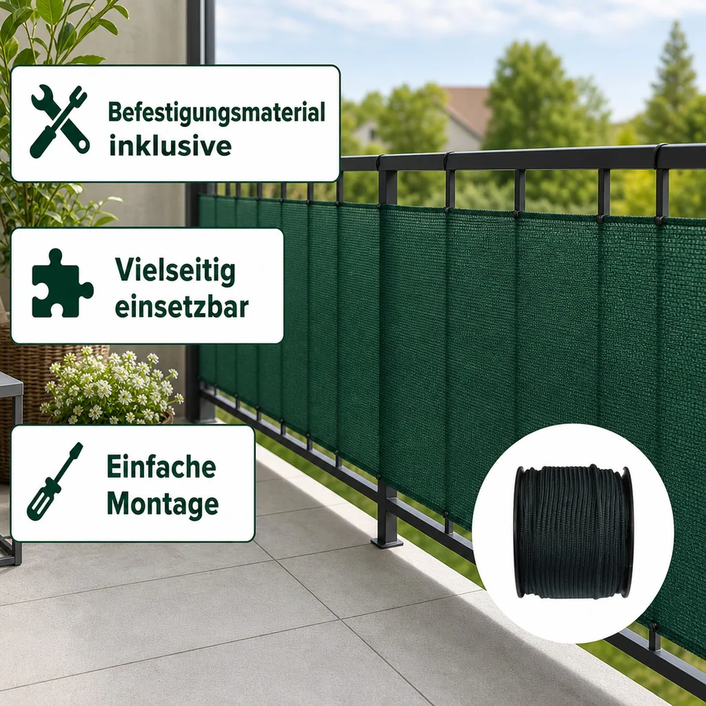 Sichtschutznetz, Windschutznetz, 1x50m, inkl. Befestigung, grüne Kordel