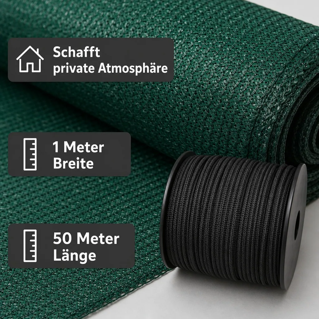 Sichtschutznetz, Windschutznetz, 1x50m, inkl. Befestigung, grüne Kordel