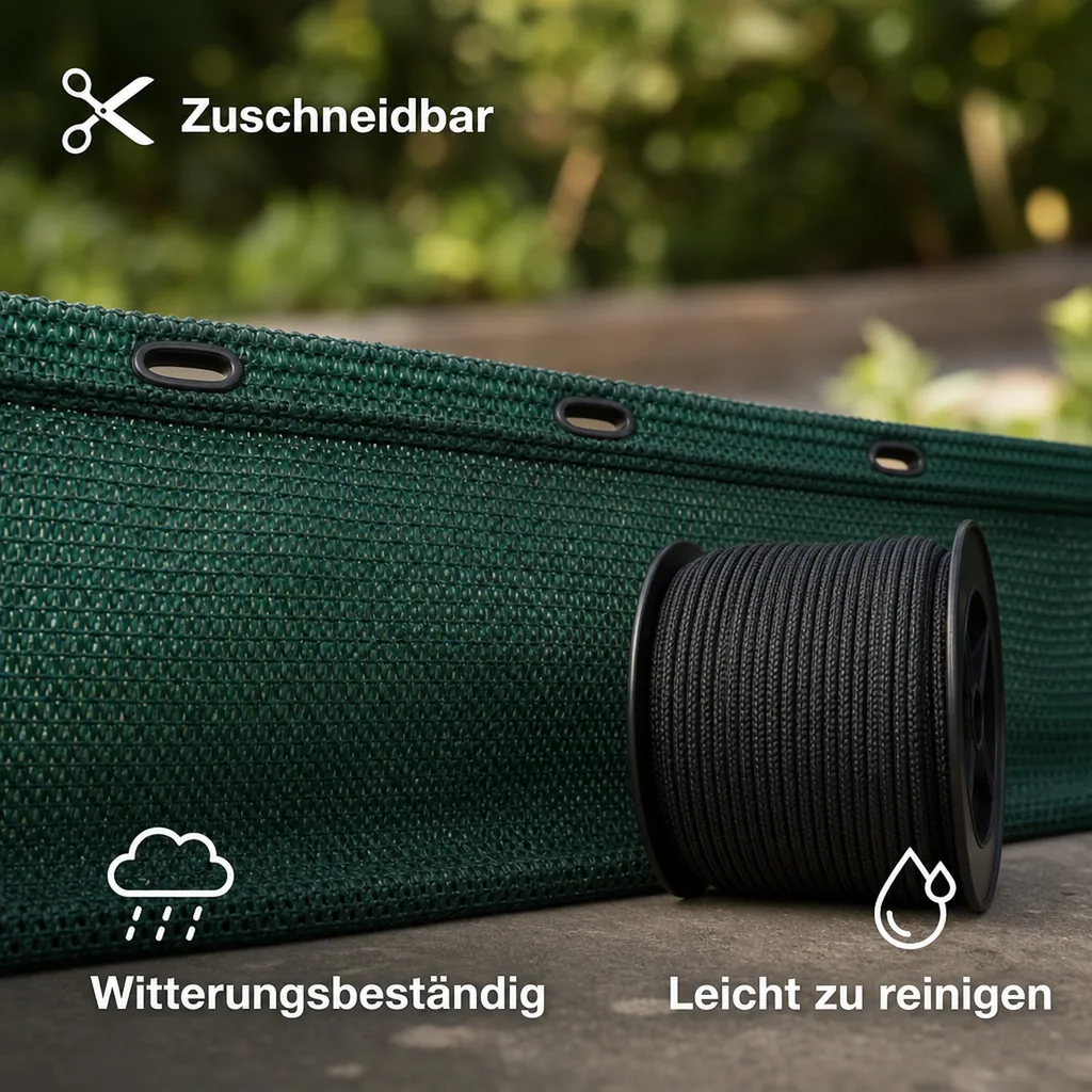 Sichtschutznetz, Windschutznetz, 1x50m, inkl. Befestigung, grüne Kordel