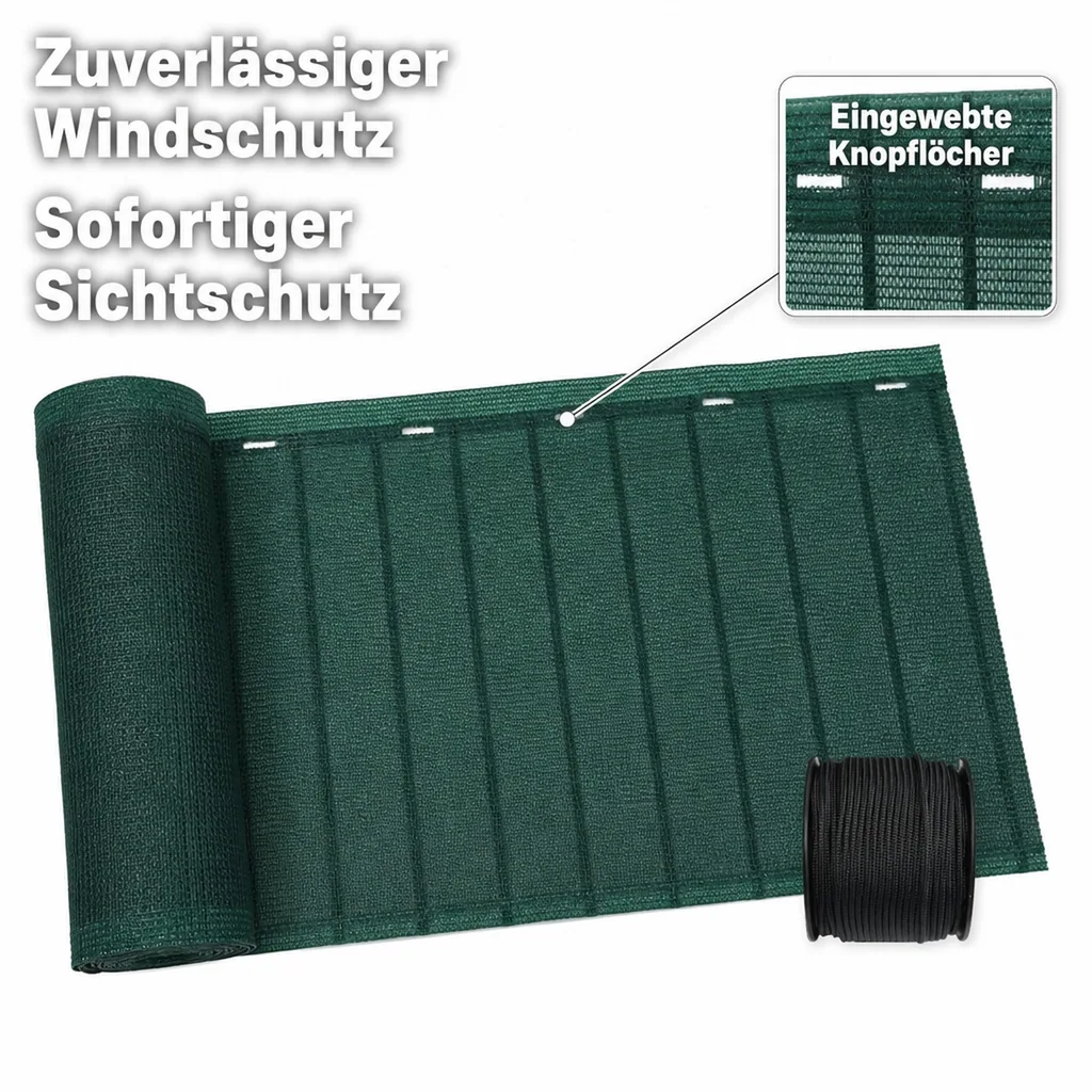 Sichtschutznetz, Windschutznetz, 1x50m, inkl. Befestigung, grüne Kordel