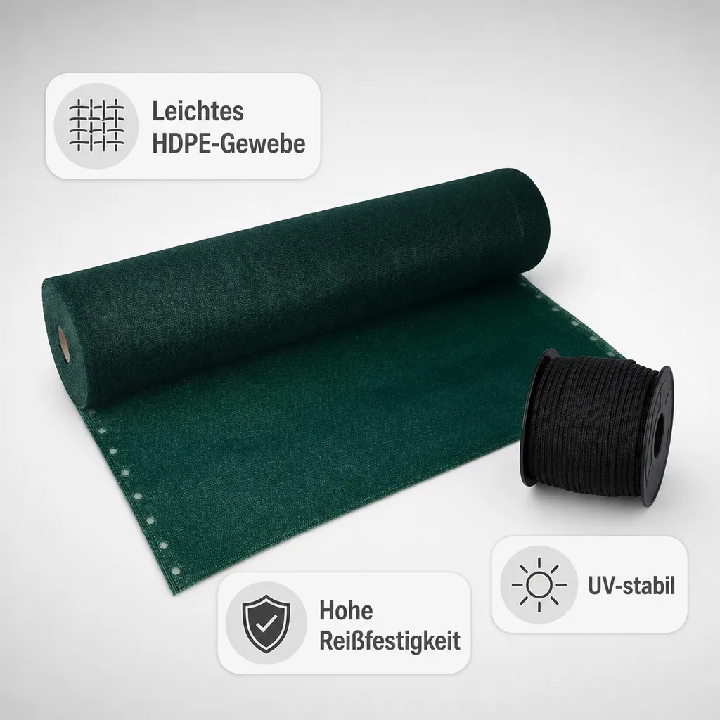 Sichtschutznetz, Windschutznetz, 1x50m, inkl. Befestigung, grüne Kordel