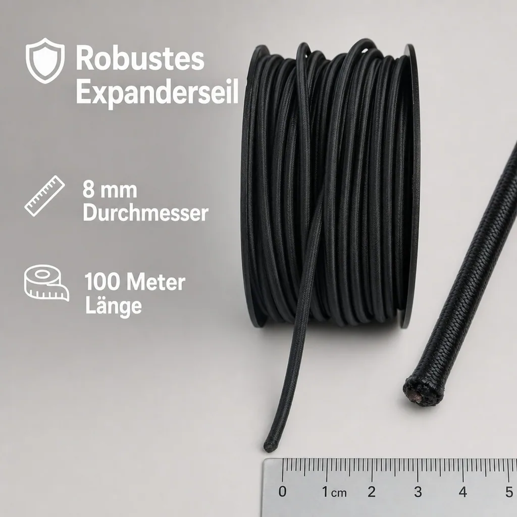 Expanderseil 8 mm, schwarz, 100 m, Gummiseil, Planenseil, PP-Ummantelung