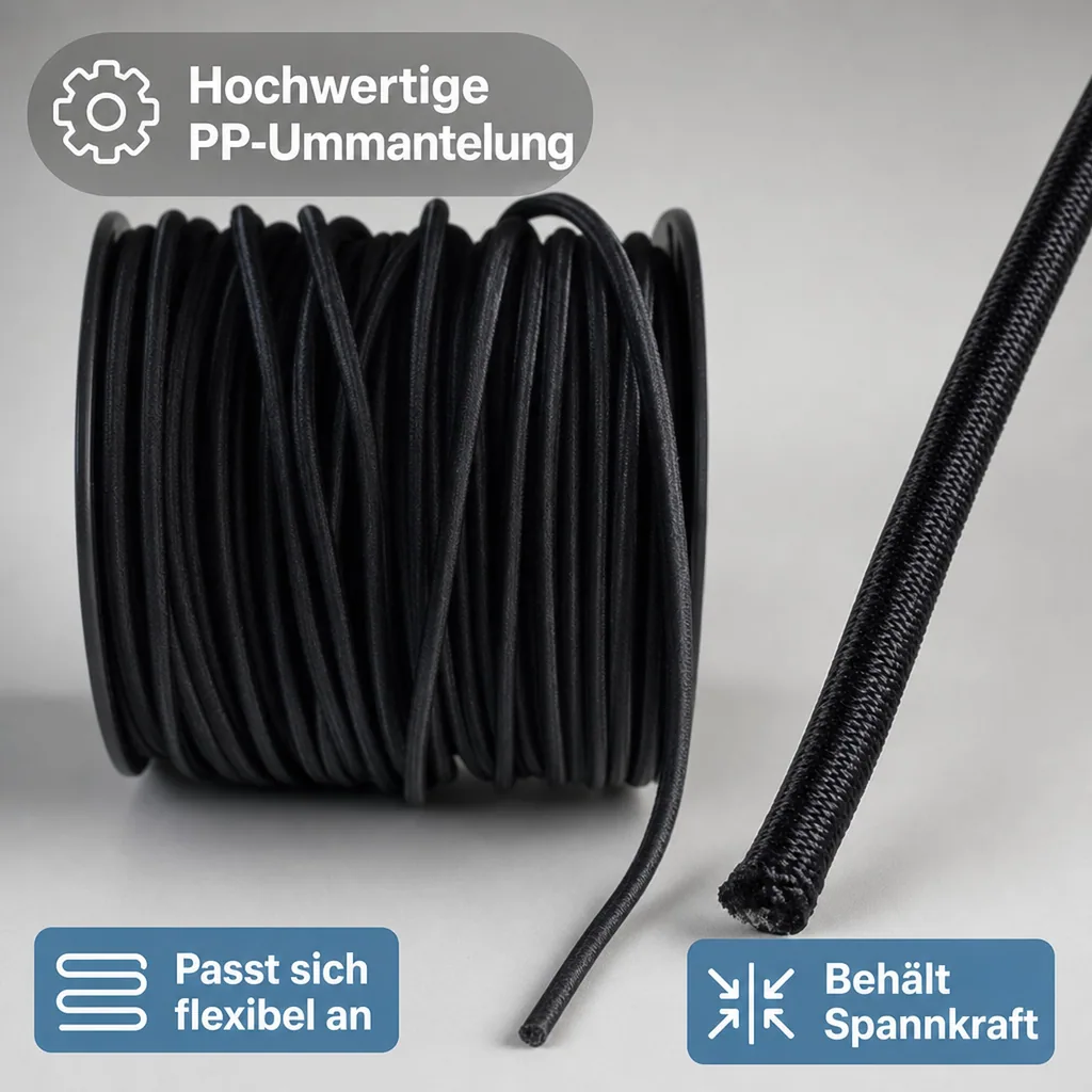 Expanderseil 8 mm, schwarz, 100 m, Gummiseil, Planenseil, PP-Ummantelung