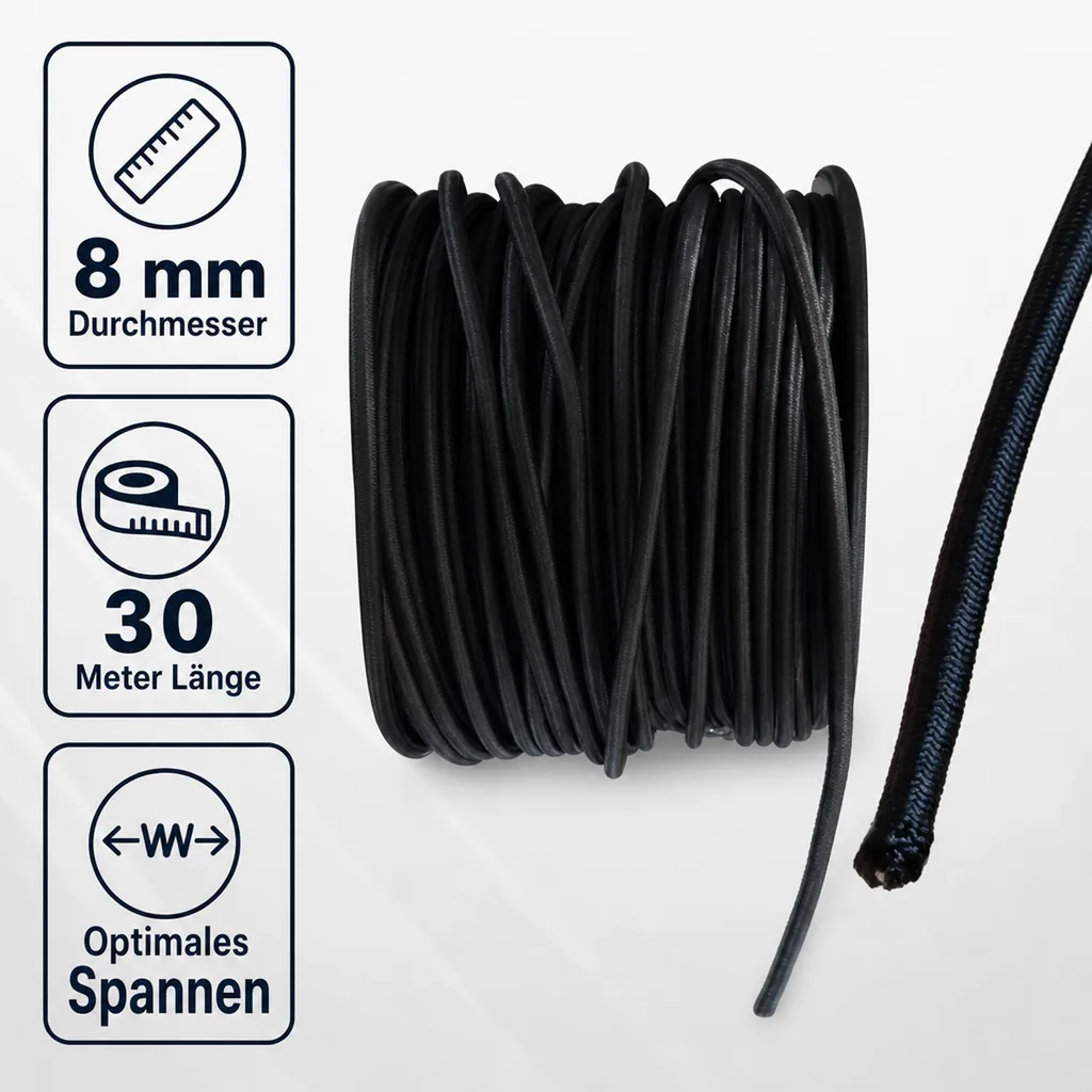 Expanderseil 8mm, schwarz, 30 Meter, Gummiseil, UV-beständig