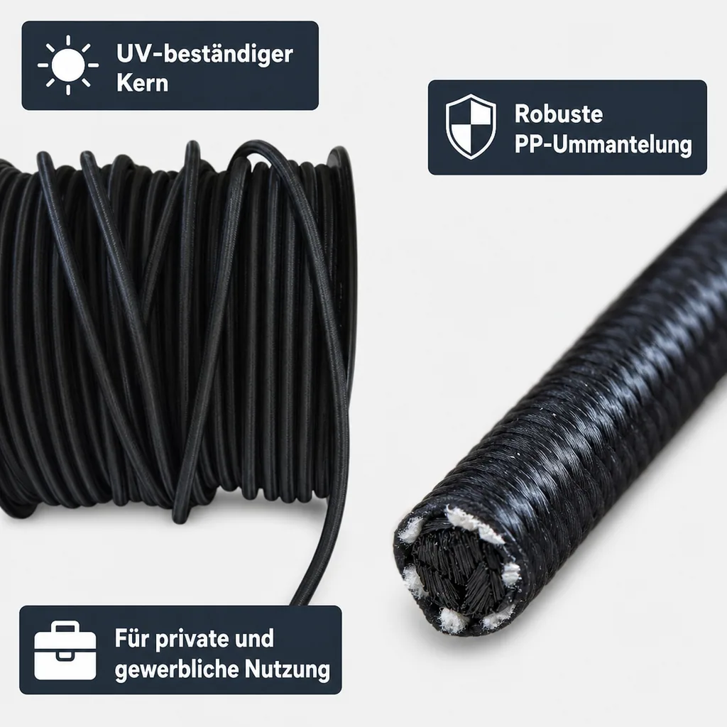Expanderseil 10mm, schwarz, 15 Meter, Gummiseil, Planenseil, UV-beständig