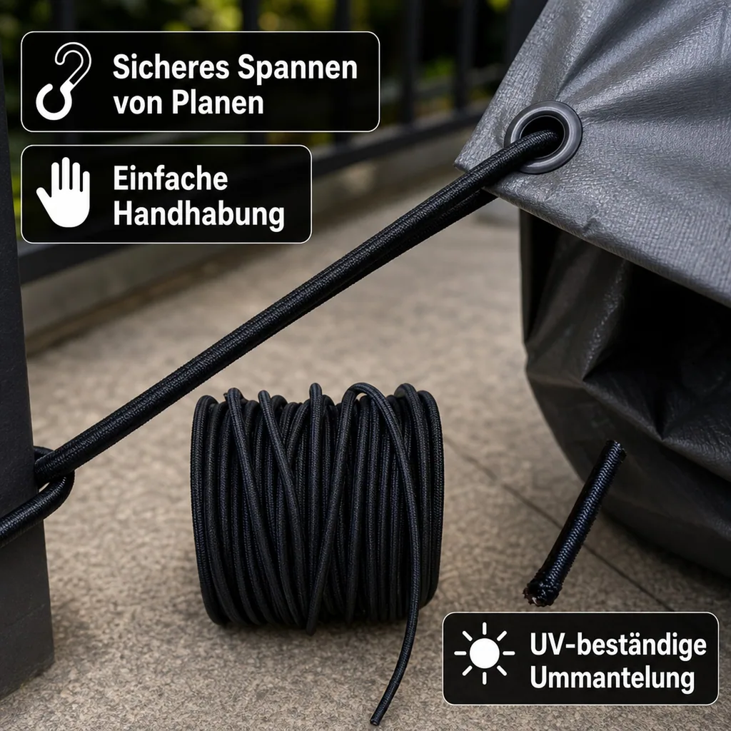 Expanderseil 10mm, Schwarz, 25m, UV-beständig, Gummiseil für Plane