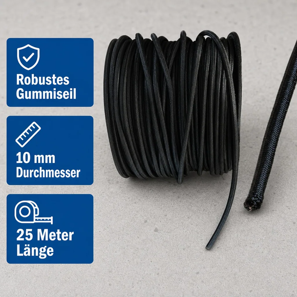 Expanderseil 10mm, Schwarz, 25m, UV-beständig, Gummiseil für Plane