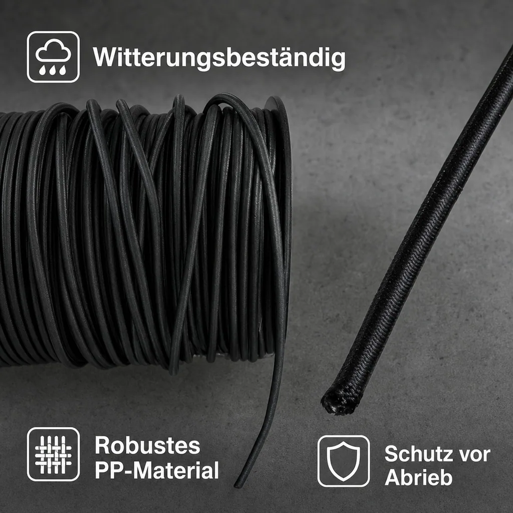 Expanderseil, 8 mm, schwarz, 75 m, Gummiseil für Plane, PP Seil