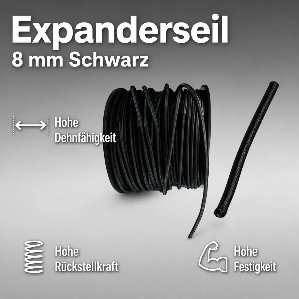 Expanderseil, 8 mm, schwarz, 75 m, Gummiseil für Plane, PP Seil