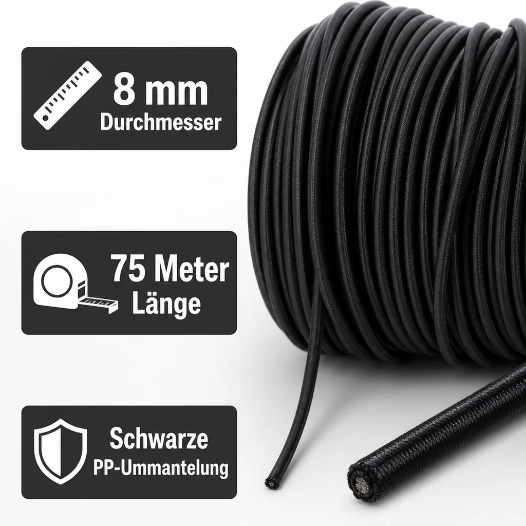 Expanderseil, 8 mm, schwarz, 75 m, Gummiseil für Plane, PP Seil