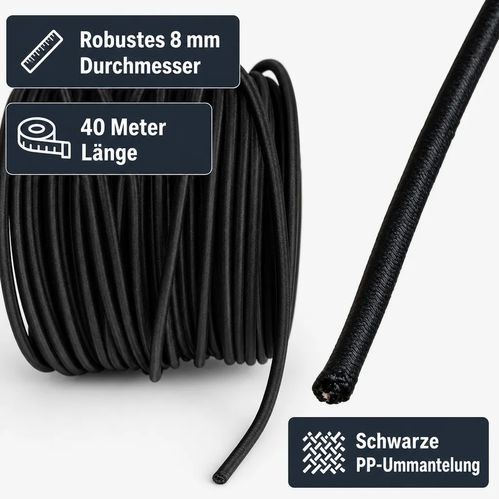 Expanderseil 8 mm, schwarz, 40 m, Gummiseil, PP Ummantelung