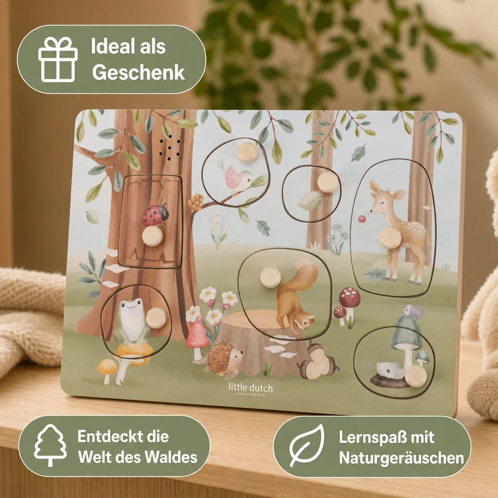 Little Dutch Holzpuzzle, Steckpuzzle, Sound Puzzle - Forest Friends, Blau