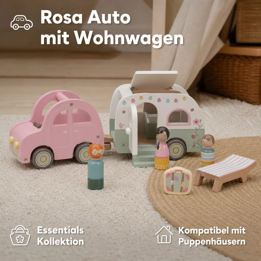 Little Dutch Spielzeugauto Holz - mit Wohnwagen, Mehrfarbig