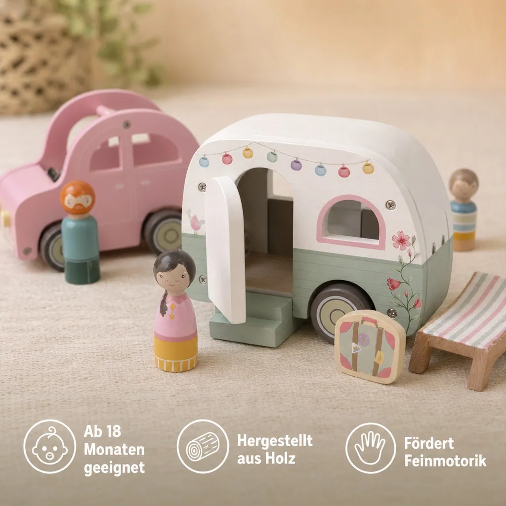 Little Dutch Spielzeugauto Holz - mit Wohnwagen, Mehrfarbig