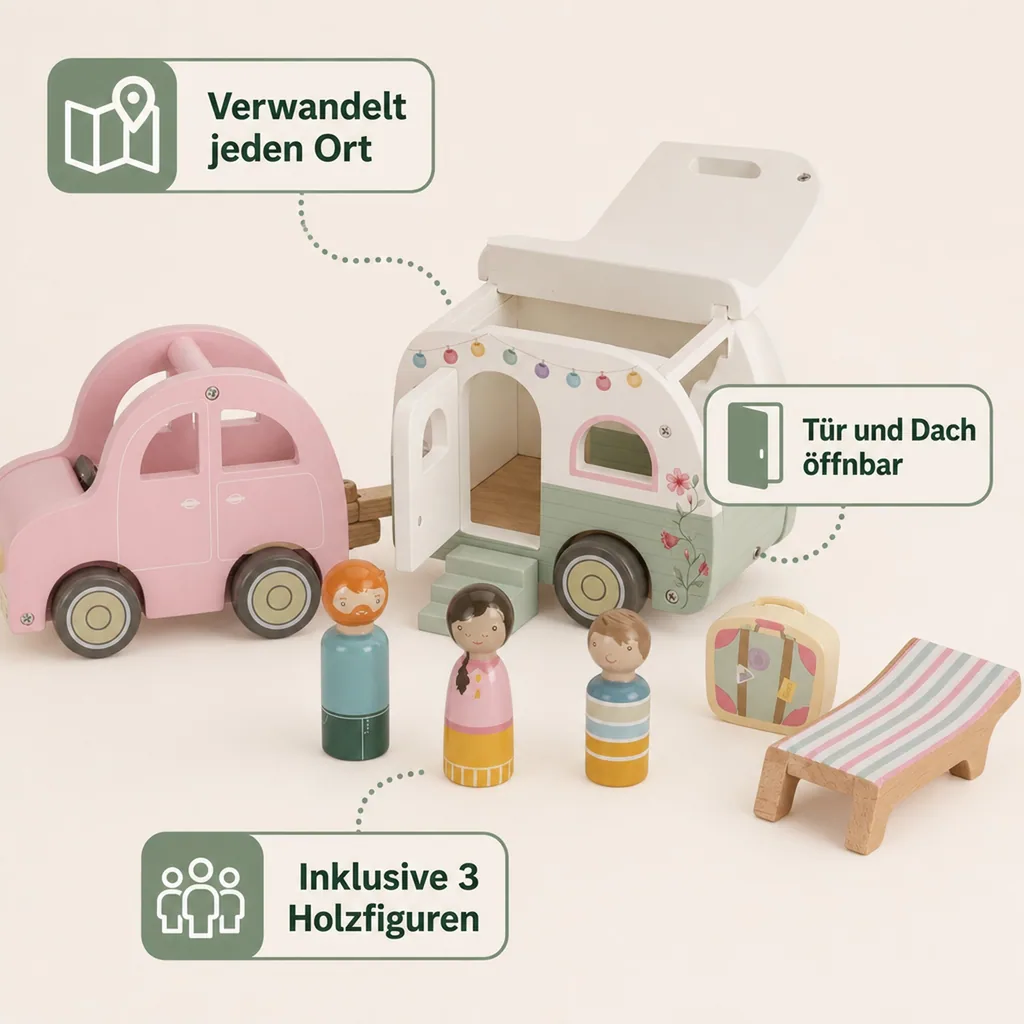 Little Dutch Spielzeugauto Holz - mit Wohnwagen, Mehrfarbig