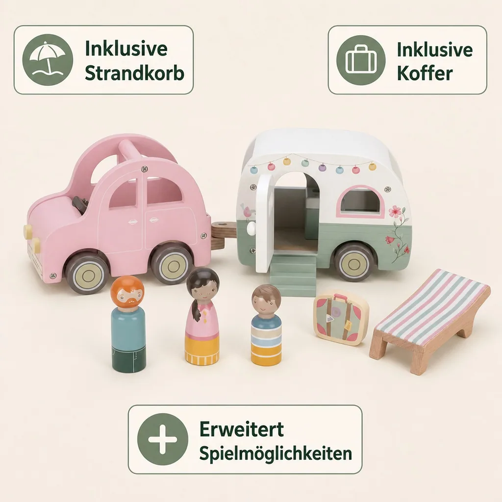Little Dutch Spielzeugauto Holz - mit Wohnwagen, Mehrfarbig