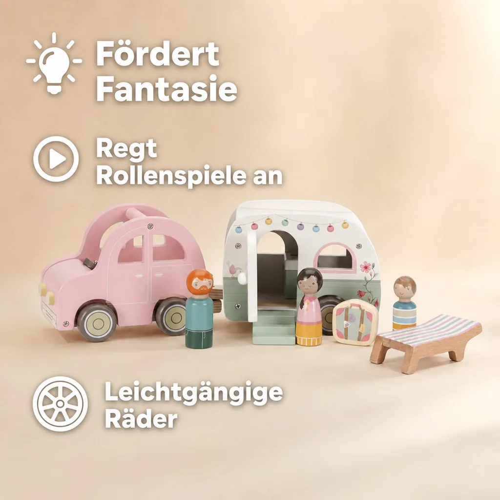 Little Dutch Spielzeugauto Holz - mit Wohnwagen, Mehrfarbig