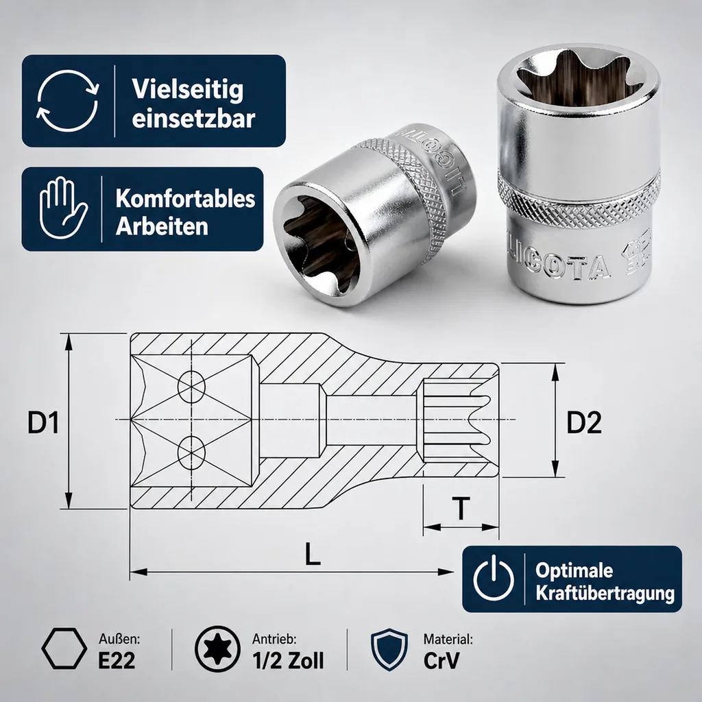 Innensechskant Nuss 1/2 Zoll, Aussen Innensechskant E22, CrV, Werkzeug