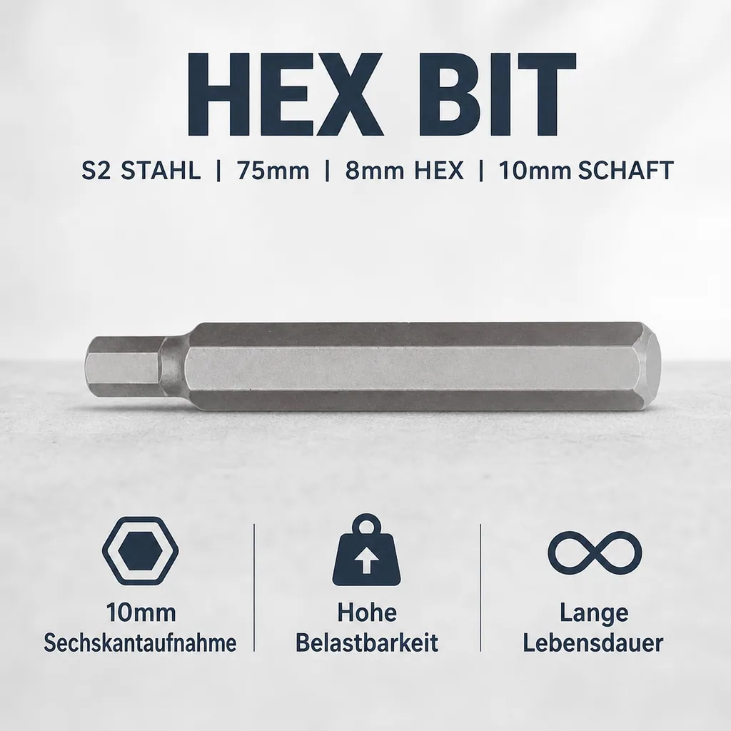 Innensechskant 8mm, Innensechskant Bit, 75mm, 10mm Sechskant Aufnahme, S2 Stahl