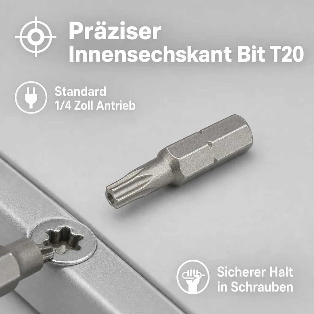 Innensechskant Bit T20, 25mm, Schrauberbit, 1/4 Zoll, S2 Stahl, Werkzeug Bit