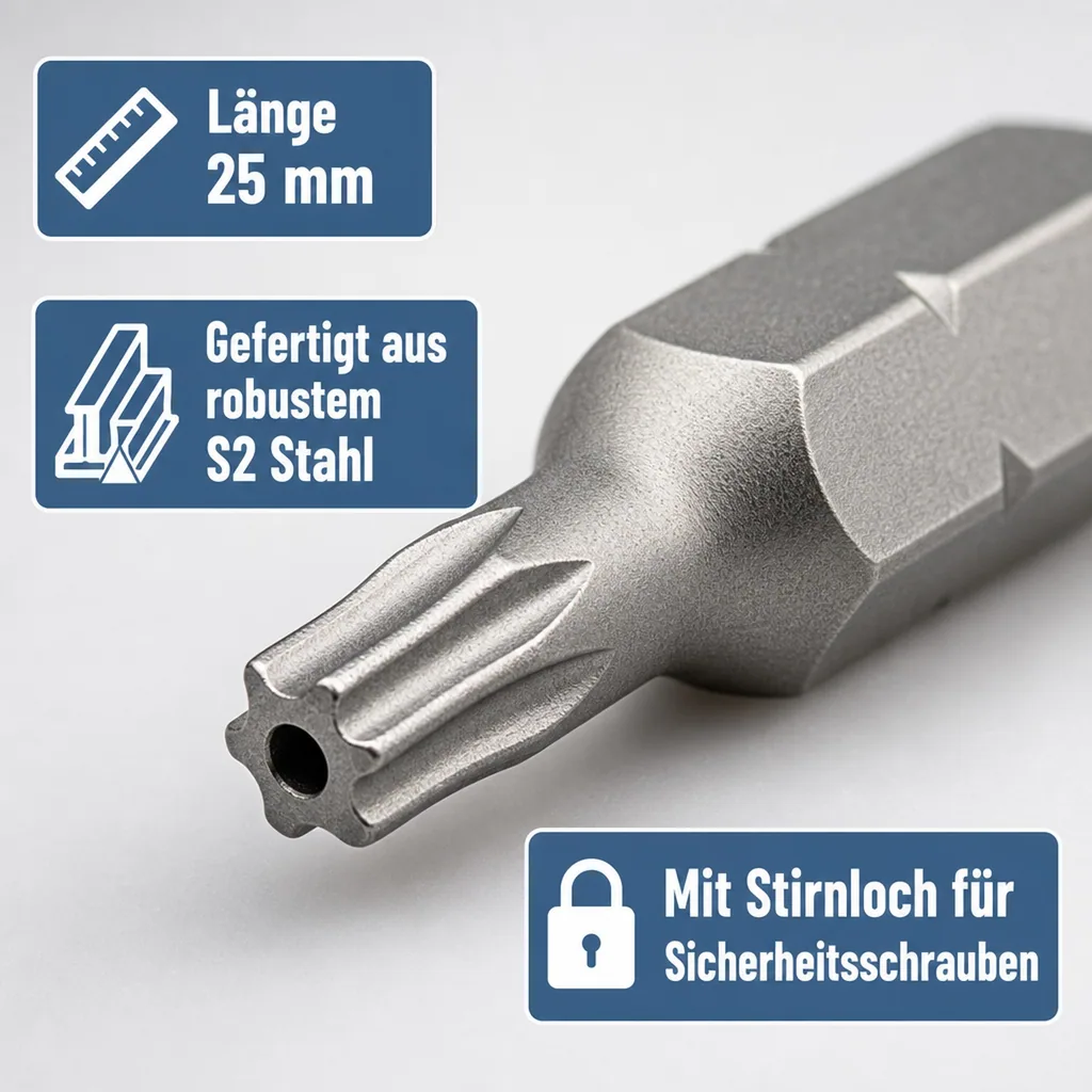 Innensechskant Bit mit Bohrung, TT10, Stirnloch, 25mm, 1/4 Zoll