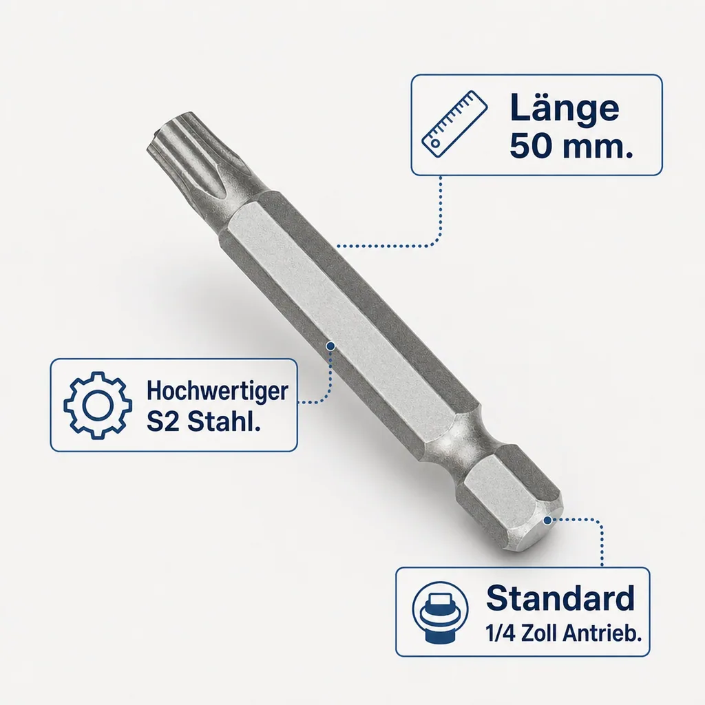 Innensechskant Bit, TT25 Bit, mit Stirnloch, 50mm, 1/4 Zoll, S2 Stahl