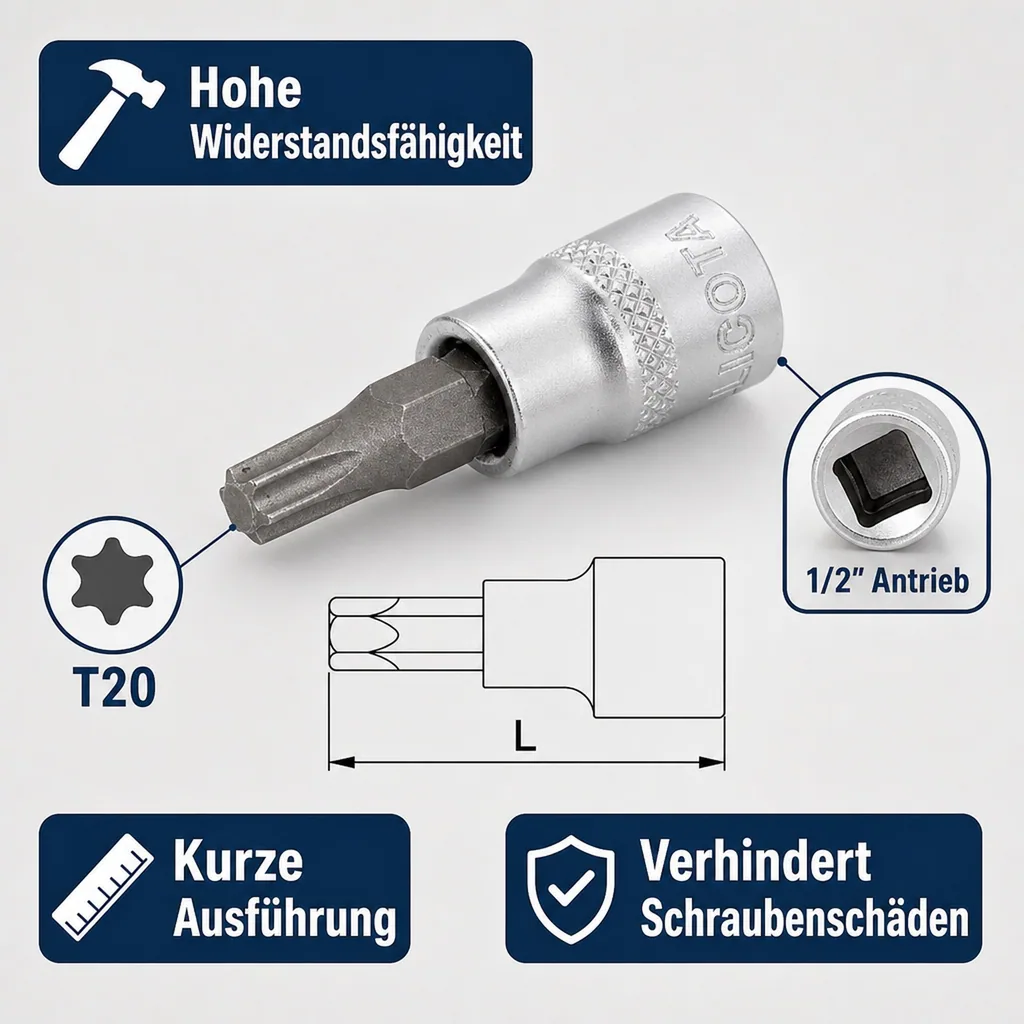 Innensechskant Nuss, Innensechskant Stecknuss, 1/2 Zoll T20, CrV, kurze Ausführung