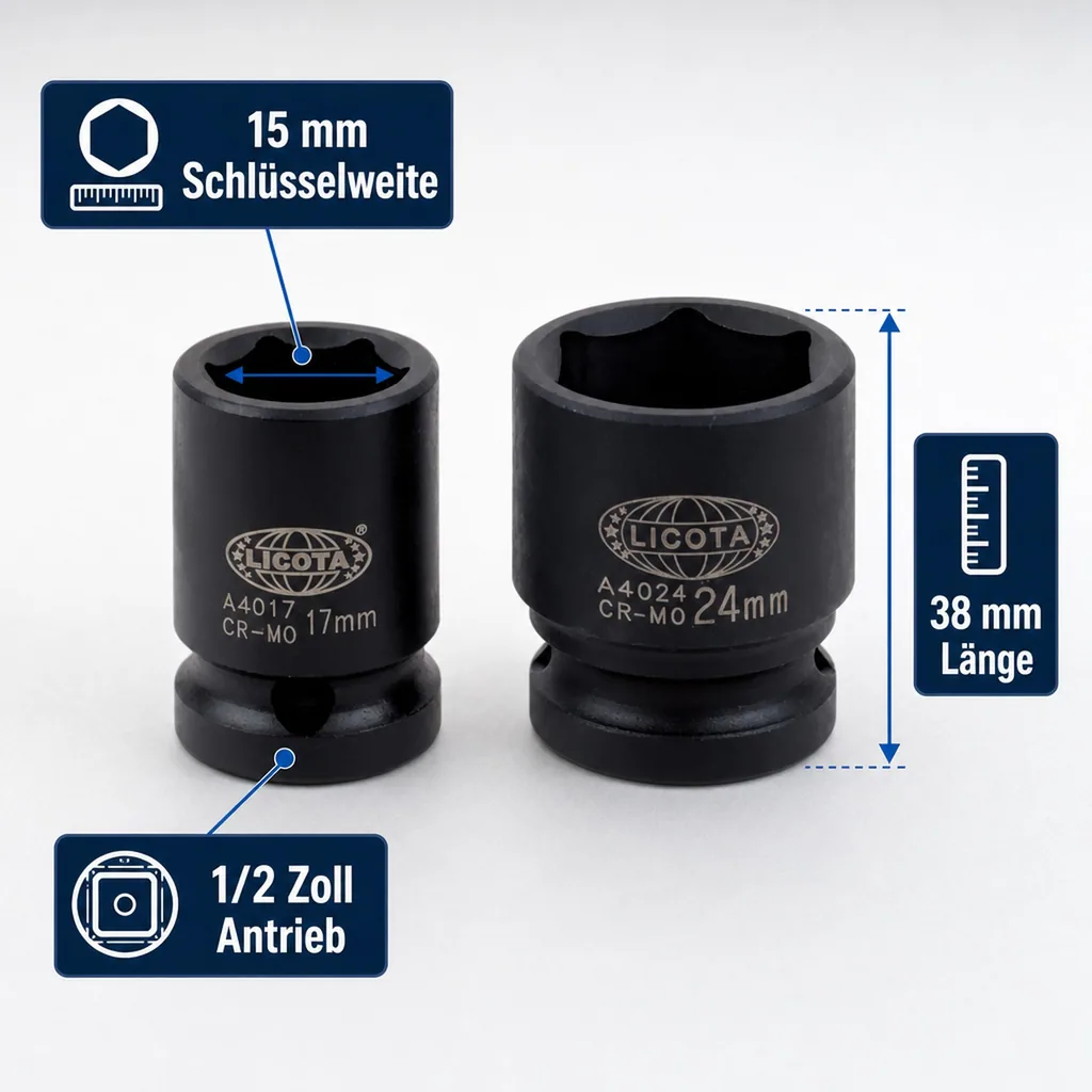 Schlagschraubernuss, 1/2 Zoll, 15mm, Cr-Mo, 6-kant, Stecknuss