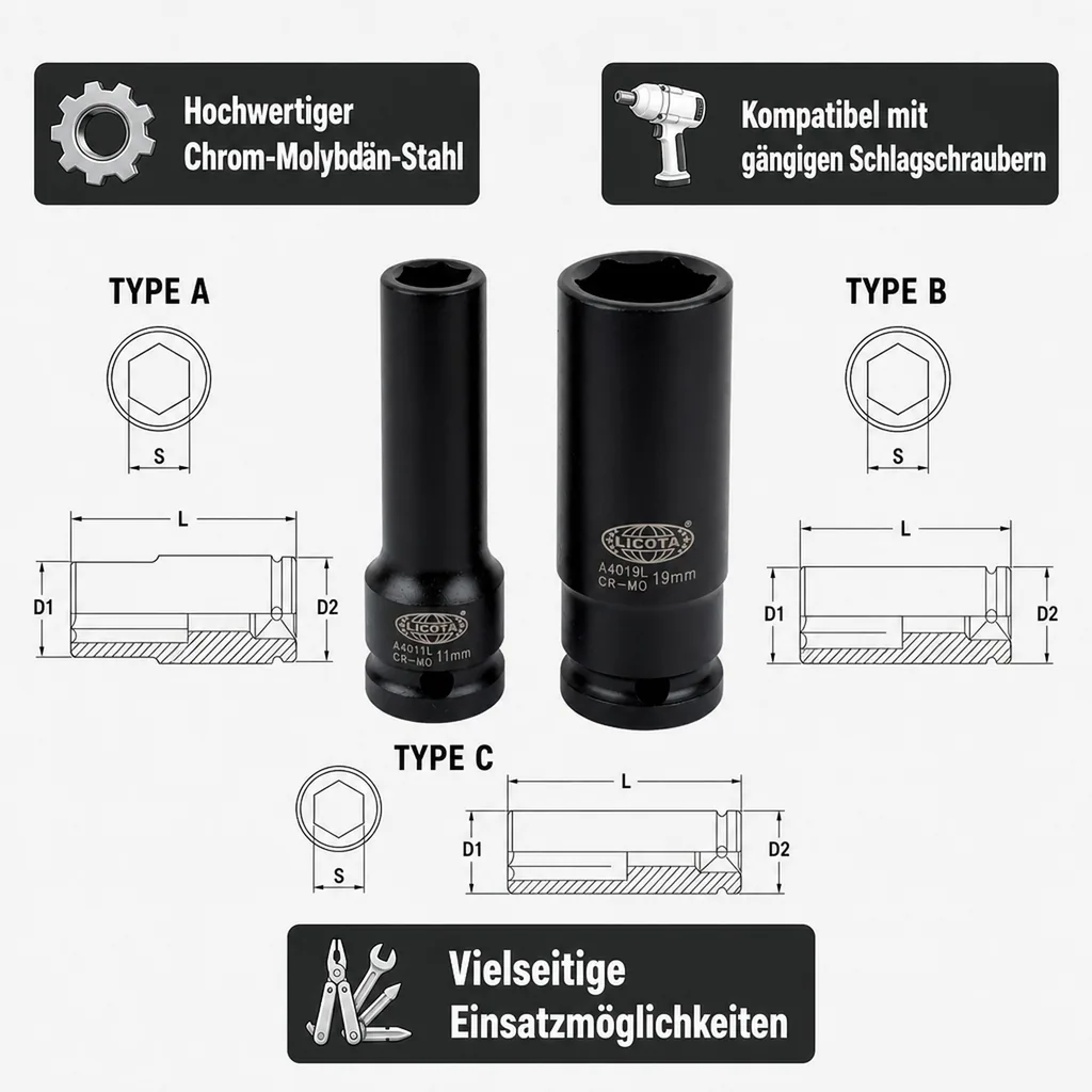 Schlagschraubernuss, 1/2 zoll Nuss, 17 mm Nuss SW17, 6-kant