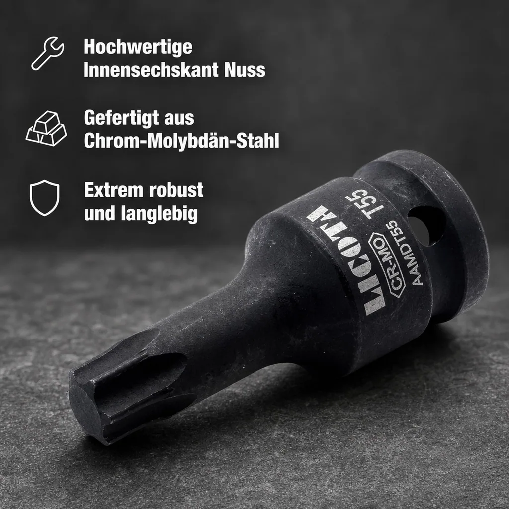 Innensechskant Nuss, Schlagschrauber Nuss, 1/2 Zoll T15, Cr-Mo