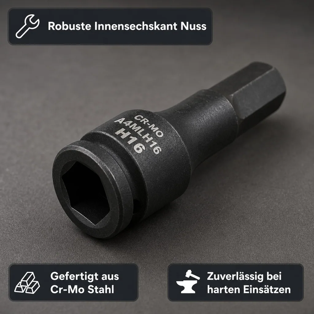 Schlagschraubernuss, Innensechskant Nuss H16, Cr-Mo, 1/2 Zoll