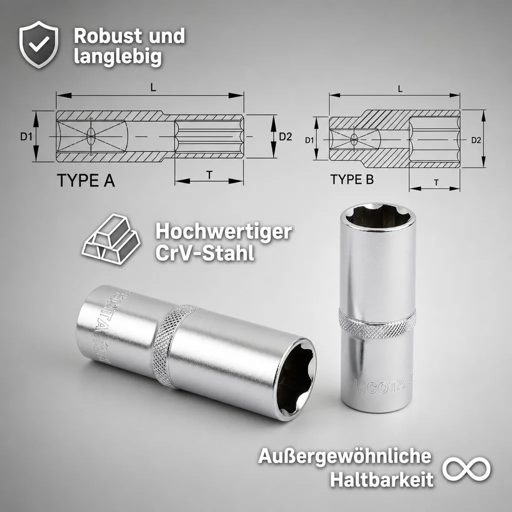 8mm Nuss, 1/2 Zoll Superlock Stecknuss, Lange Ausführung, CrV