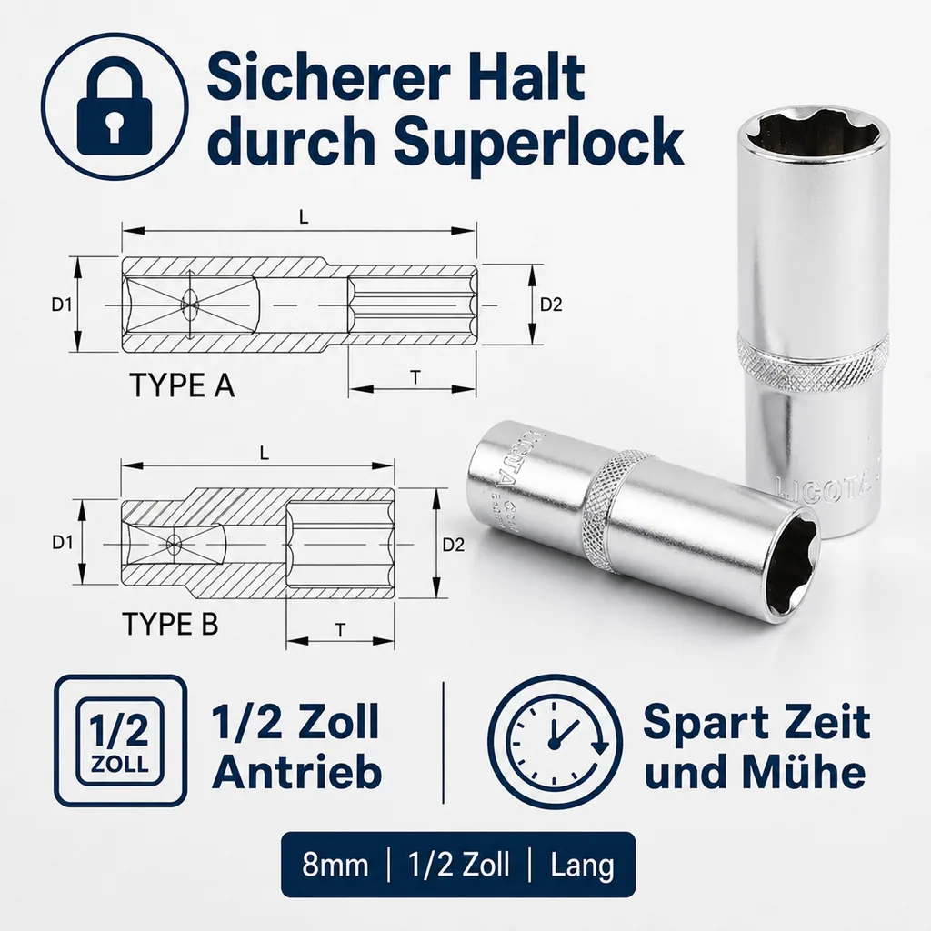 8mm Nuss, 1/2 Zoll Superlock Stecknuss, Lange Ausführung, CrV