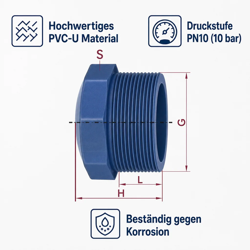 PVC Stopfen, 2 Zoll, AG, PN10, U Fitting