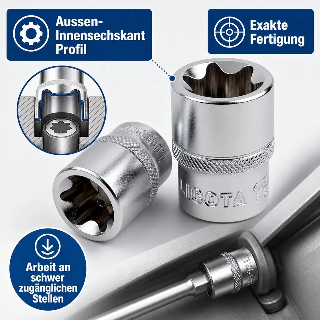 Innensechskant Nuss E18, Aussen Stecknuss, 1/2 Zoll, CrV Stahl Werkzeug