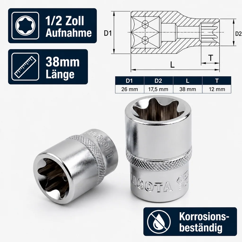 Innensechskant Nuss E18, Aussen Stecknuss, 1/2 Zoll, CrV Stahl Werkzeug
