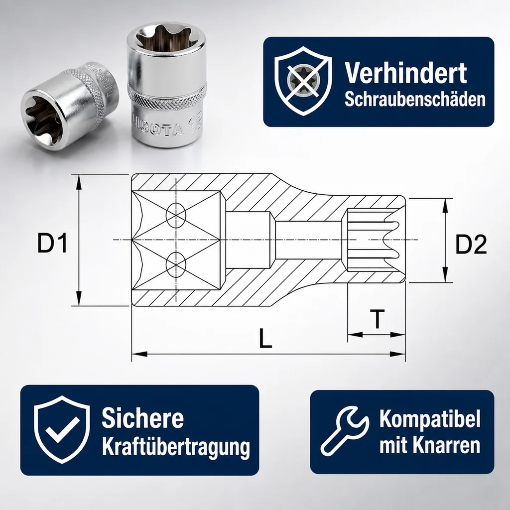 Innensechskant Nuss E18, Aussen Stecknuss, 1/2 Zoll, CrV Stahl Werkzeug