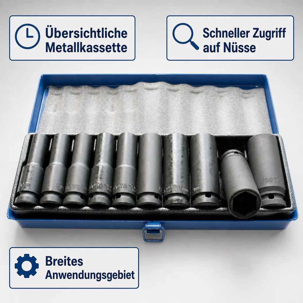 Schlagschraubernüsse 1/2 Zoll, Schlagschrauber Nüsse Set, 10-24mm, Metallkassette