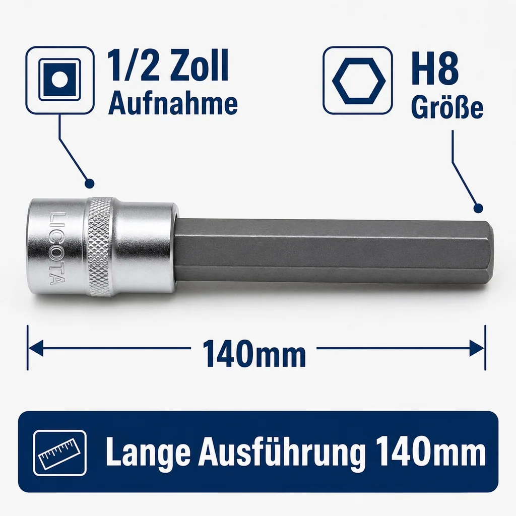 Innensechskant Nuss 1/2 Zoll H8, L 140mm, Werkzeugstahl S2