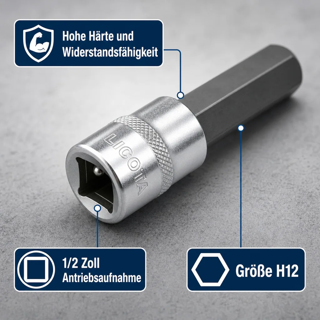 Innensechskant Nuss 1/2 Zoll, H12, L 140mm, S2 Stahl, Innensechskant Nuss