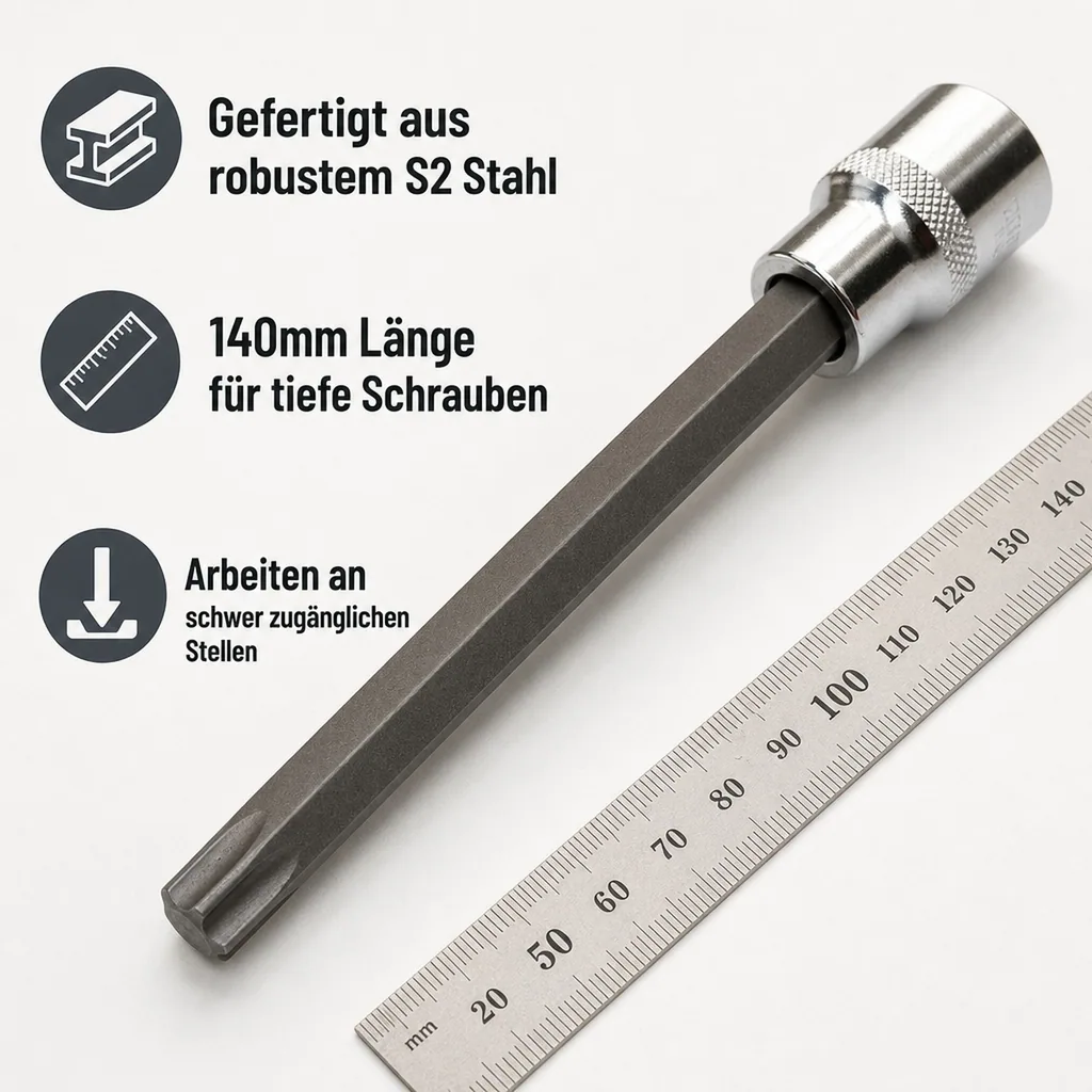 1/2 Zoll Innensechskant Nuss T70, Lange Stecknuss, S2 Stahl Stecknuss