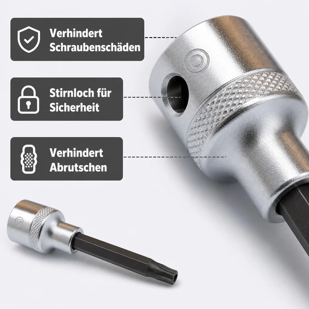 Innensechskant Nuss 1/2 Zoll, T20 lang, mit Stirnloch, S2 Stahl
