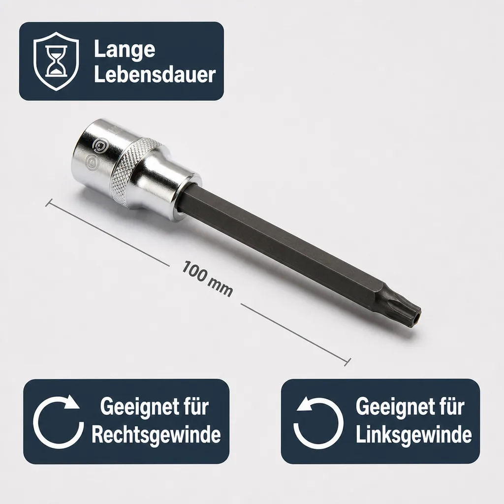 Innensechskant Nuss 1/2 Zoll, T20 lang, mit Stirnloch, S2 Stahl