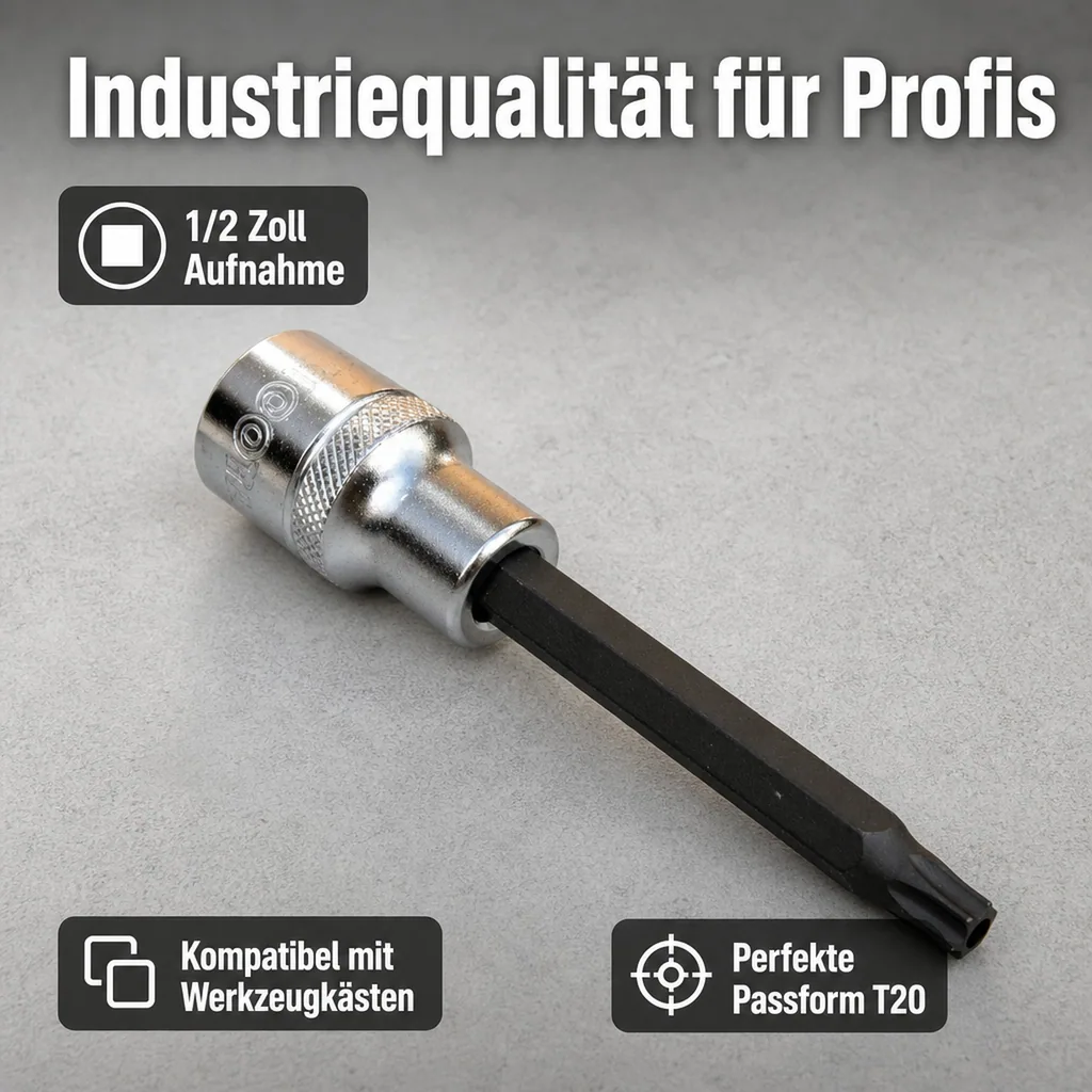 Innensechskant Nuss 1/2 Zoll, T20 lang, mit Stirnloch, S2 Stahl